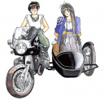 Belldandy and Keichii on motorcycle